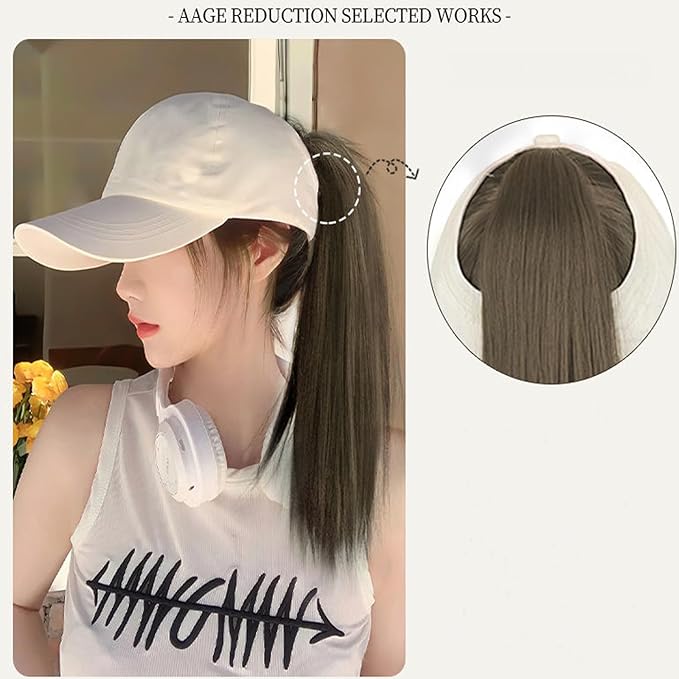 Women's Baseball Cap Wig with Straight Hair High Ponytail - Beige Hat - Brown Black