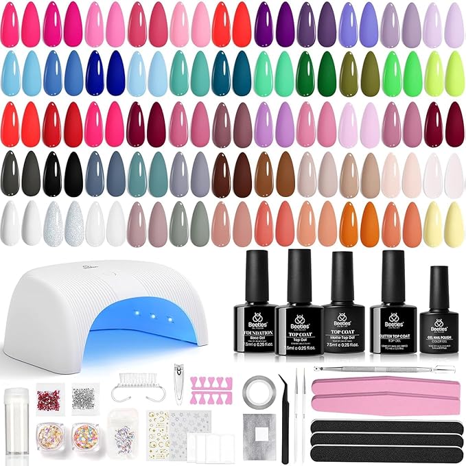 Beetles Gel Nail Polish Kit with U V Light 55 Colors Gel Polish 81 Pcs Nail Stuff Kit for All Seasons with Base and Matte&ampGlossy Top Coat Color Enchantment Plus Soak Off Gifts for Women Girls Tee