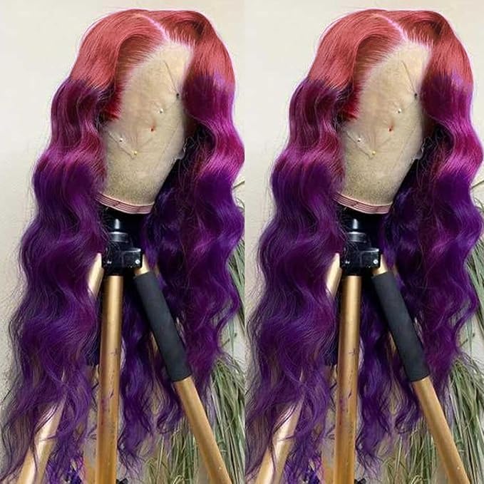 Dark Purple Ombre 13x4 HD Lace Front Wigs Human Hair Body Wave 3 Tone Pink to Purple Glueless Wigs Pink Root Rainbow Colored 180% Density 28 Inch