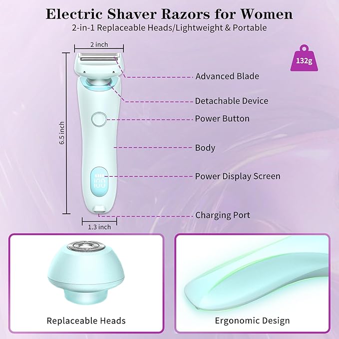 Glide Pro 3.0 Razor for Women Livora Electric Shaver for Women Silk Glide Pro Shaver 2 in 1 Wet &amp Dry Waterproof Electric Shaver with Removable Head for Leg Arm Underarm Bikini Area (Blue)