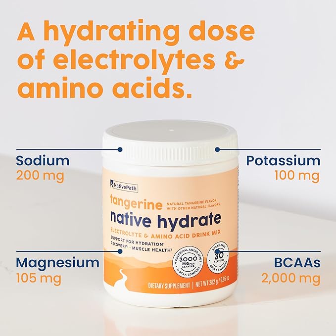 NativePath Native Hydrate Zero Sugar Electrolytes Powder with BCAAs Tangerine Hydration Keto &amp Paleo Friendly 30 Servings