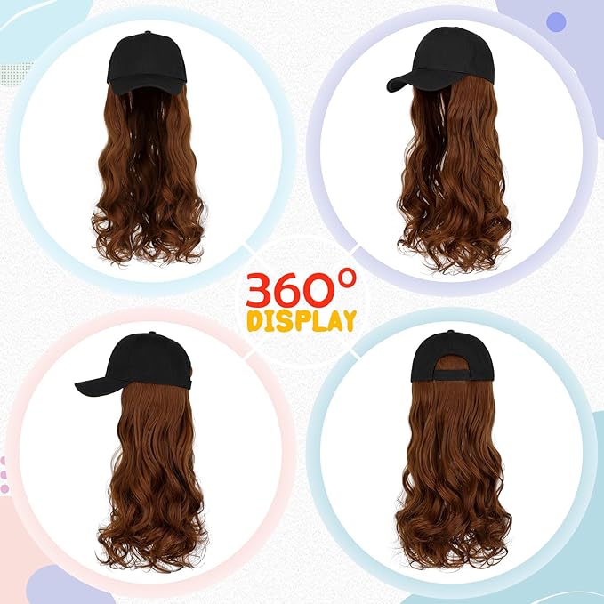 Baseball Hat WigHat with Hair attached 24'' Adjustable Black Cap with Long Wavy Synthetic Hair Extensions for Women Girls(Light Auburn)