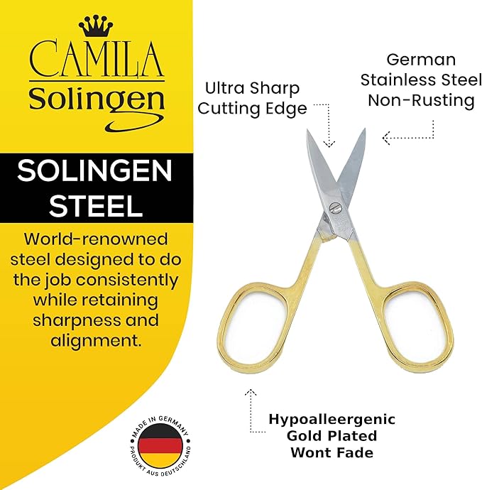 CS02 3 1/2 Professional Hypoallergenic Gold Plated Manicure &amp Pedicure Sharp Curved Nail Cutting Scissors. Made of Durable Stainless Steel in Solingen Germany