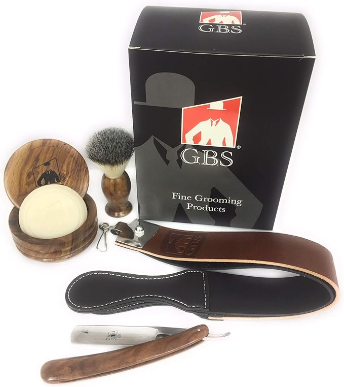 G.B.S Men Professional Shaving Kit Box- Rust Free Stainless Shaving Razor with Wooden Handle Wooden Soap Bowl Shaving Brush Leather Strop - A Full Package for Men?™s Shaving