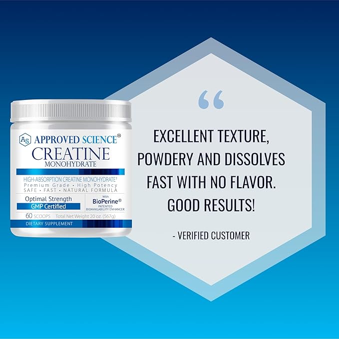 Approved Science Creatine Monohydrate Powder with BioPerine - Workout Support - 120 Servings - 5g Per Serving - Unflavored - Pack of 2 - Non-GMO Vegan