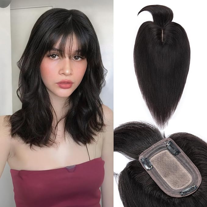 Benehair Hair Toppers for Women Real Human Hair With Bangs 150% Density 7 * 13 CM Silk Base Clip in Hair Pieces for Women 10 Inch #1B Natural Black