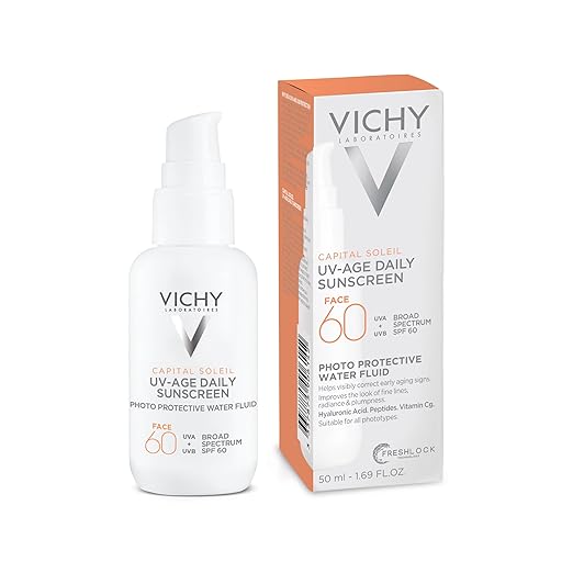Vichy Capital Soleil UV-Age Daily SPF 60 Anti Aging Sunscreen for Face SPF 60 Hyaluronic Acid + Peptides + Vitamin C Broad Spectrum Invisible SPF Protection No White Cast Sunscreen