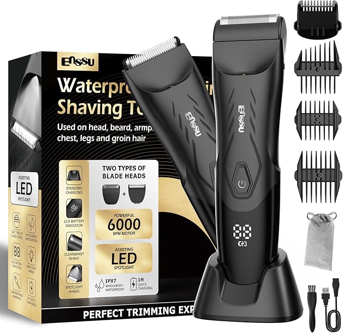 2-in 1 Body Hair Trimmers for Men Pubic Groin Hair Trimmer for Men with Dual-Head Trimmer &amp Foil Blade Electric Ball Trimmer Razors w/Light Charging Dock Waterproof Body Groomer Shaver Kit