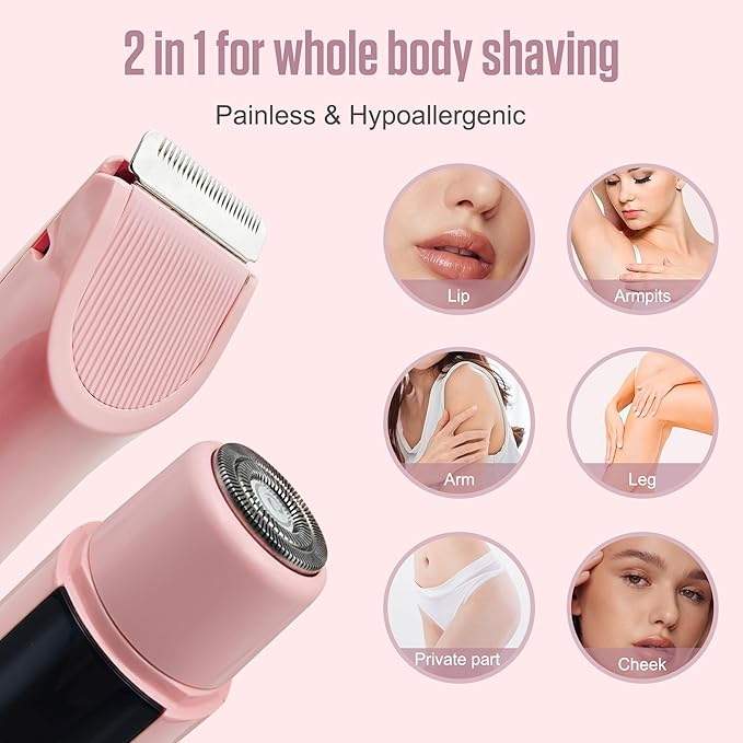 Bikini Trimmer for Women - Painless Electric Razors for Silk SkinCordless Body Shaver for Trip IPX7 Waterproof Dual Head Pink