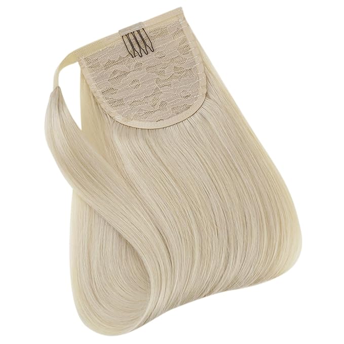 Full Shine Human Hair Ponytail Extension Platinum Blonde Ponytail Extension Blonde Human Hair Straight Remy For Women 70 Grams 14 Inch