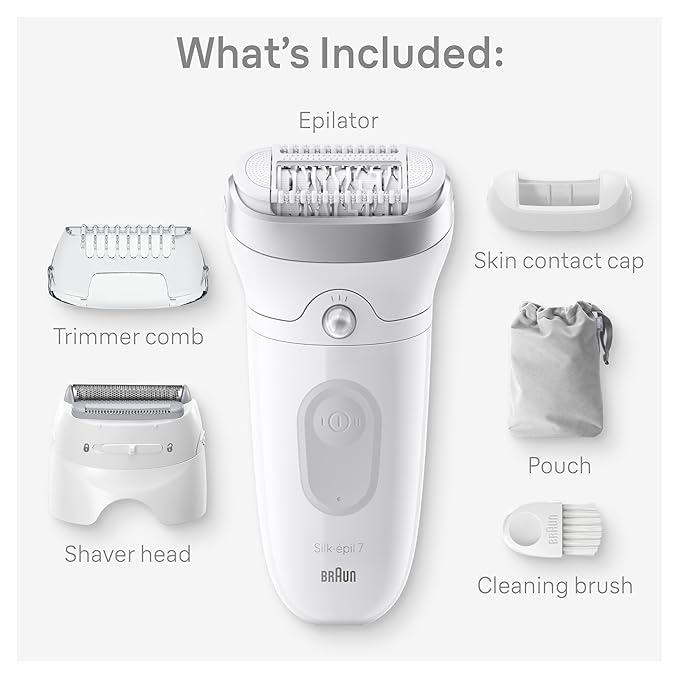 Braun Epilator Silk-?pil 7 Hair Removal Device Women Shaver &amp Trimmer Wet and Dry Wide Head Includes Shaver Head and Trimmer Comb SE7-041 Silver Holiday Gifts for Women