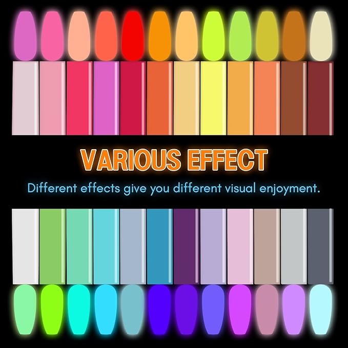 SAVILAND Glows in The Dark Nail Polish Set 24 Holiday Brighrly Colors Luminous Quicking-drying U V Neon Gel Nail Polish Set Reflective Glow Effect Full Coverage Easy to Use Gel Polish Holiday Gifts