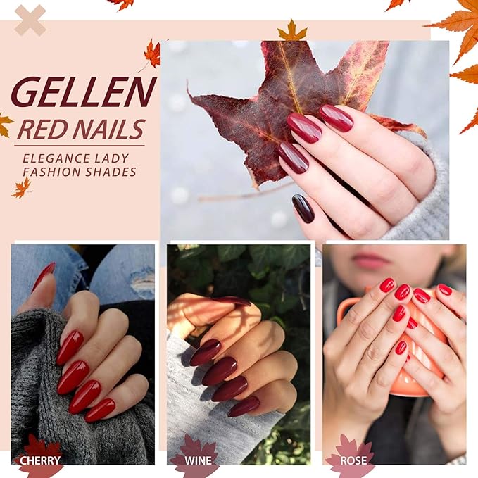 Gellen Gel Nail Polish Kit with U V LED Light 72W Nail Dryer Fall Winter Red Burgundy Nude Pink Gel Polish Kit 12 Colors No Wipe Top Base Coat Nail Art Decorations Manicure Tools