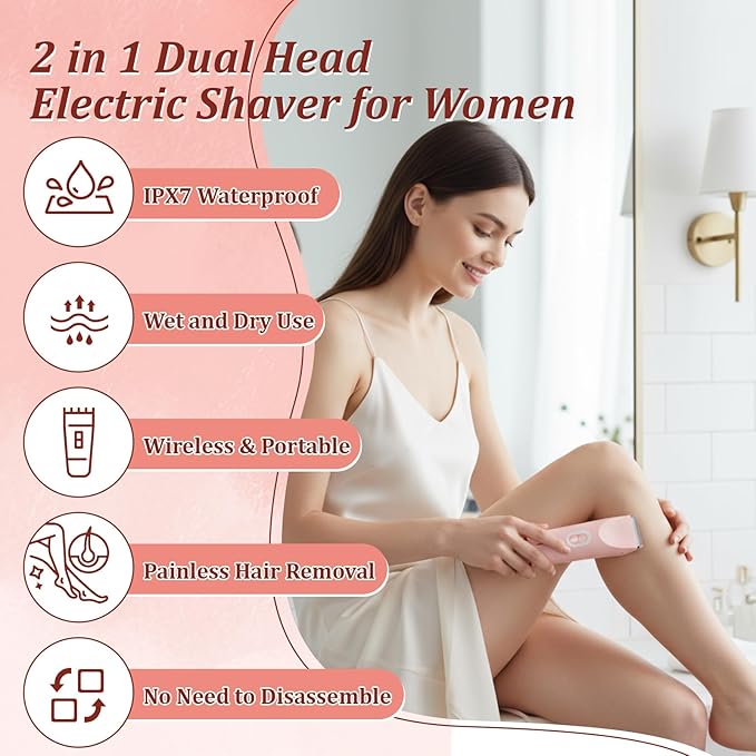 VINGVO Electric Hair Removal Epilator for WomenDual Head Bikini Trimmer Waterproof? Facial Remover Lady Hair Bikini Shaver for Face Lip Chin Cordless Pubic Hair Removal for Face &amp Legs (Pink