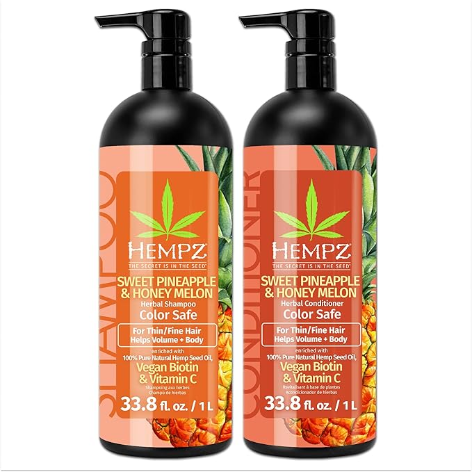 HEMPZ Hair Shampoo &amp Conditioner Set - Sweet Pineapple &amp Honey Melon Scent for Thin/Fine Dry Damaged and Color Treated Hair Hydrating Softening Moisturizing with Biotin Duo Set - 33.8 fl o