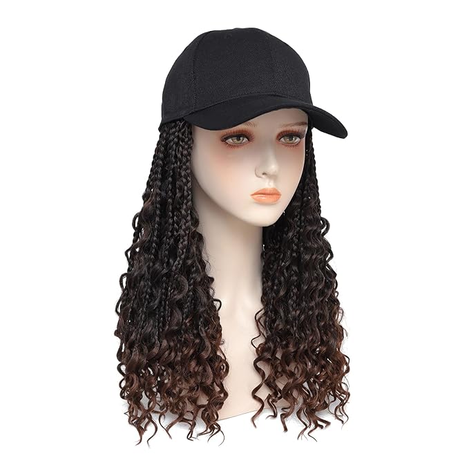 Goddess Box Braiding Baseball Cap Wig Bohemian Curly Ends Box Braids Hat with Braided Hair Extensions for Black White Women Synthetic Braids Hat Wig with Hair Attached (16inch T30)