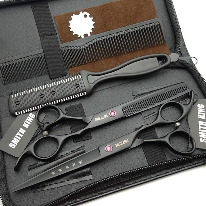 7.0 Inches Hair Cutting Scissors Set with Combs Lether Scissors CaseHair cutting shears Hair Thinning shears For Personal and Professional (Black)
