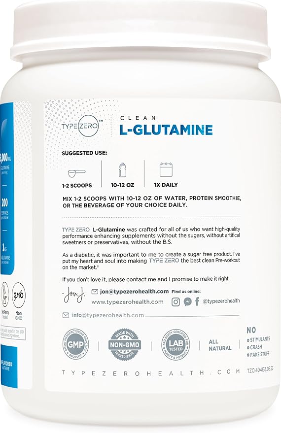 Type Zero L Glutamine Powder KG 5000mg Serving Size - 6-Month Supply L-Glutamine Supplement for Gut Health Gastrointestinal Lining Support &amp Recovery for Women/Men - Vegan Gluten Free No Fill