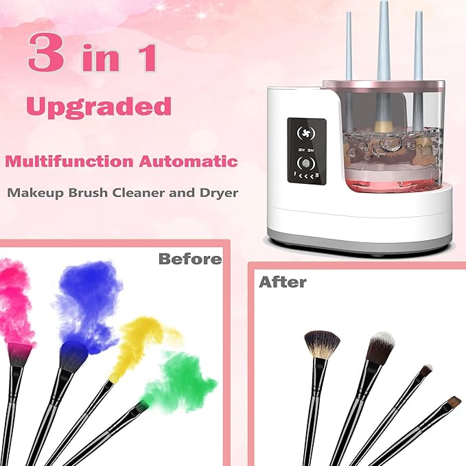 Makeup Brush Cleaner 3 in 1 Electric Makeup Brush Cleaner and Dryer Automatic Makeup Brush Cleaner Machine with Multi-Hour Drying Settings Portable Design for All Makeup Brush Types