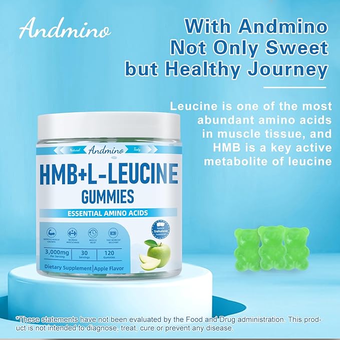 HMB and L-Leucine Gummies 3000mg with Trehalose for Muscle Growth Muscle Relief and Workout Recovery for Adults &amp Elder Non-GMO Vegan Gluten Free Apple Flavor 120