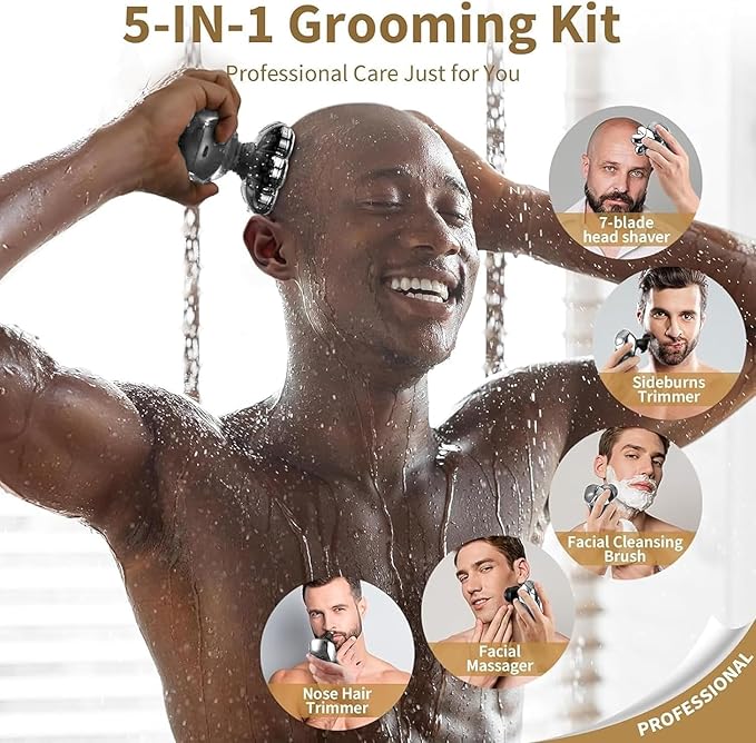 SHPAVVER Head Shavers for Bald Men: 5-in-1 Electric Razor - IPX7 Waterproof Shaving Grooming Kit for Balder - Turbo Speed &amp Precision Blades (White Silver)