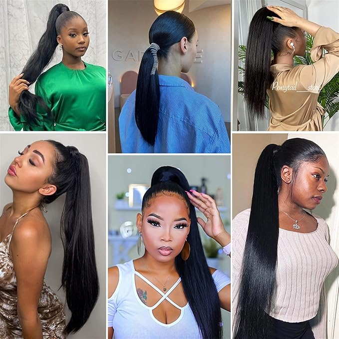 SONGCHAO Fake Hair Bun Long Straight Hair Ponytail Extensions 12-26 Inch Wrap Around Ponytail Brazilian Real Hair Ponytail Black Wig Hair Bun Hair Accessories (Color : Black Size : 26inches 100g)