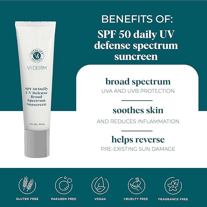 VI Derm SPF 50 Daily UV Defense Sunscreen - Broad Spectrum Sunblock for Face &amp Body - Lightweight Oil-Free Fast-Absorbing Skincare Protector - Clean Non-Greasy Formula - Fragrance Free 2 Fl Oz