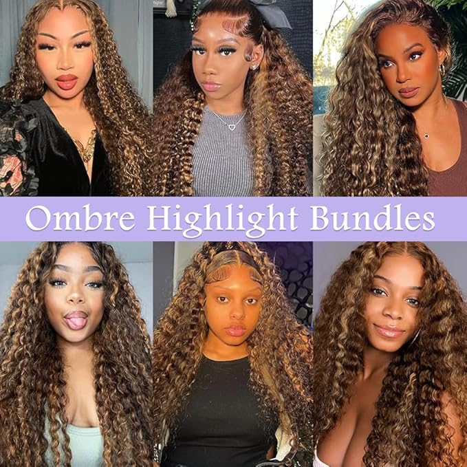 Highlight Brown Human Hair Bundles Ombre Brown Bundles #4 Deep Wave Bundle 16 inch P430 Deep Wave Bundle