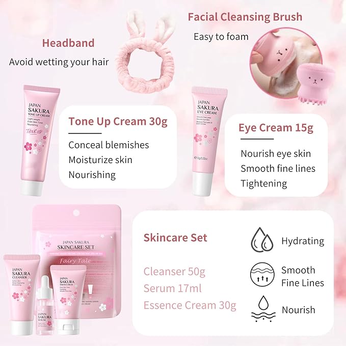 Japan Sakura Skin Care Set for Teen Girls - Evolvique Skin Care for Teens 10-12 - Skincare for Girls 10-12 - Skin Care Kit Gift Set for Women with CleanserSerumCream(One Size 8PCS Sakura Scent)