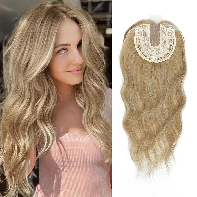 UDU 20 Wavy Ombre Highlight Synthetic Hair Topper for Women with Thinning Hair with Fringe Bang Adds Volume Change Hairstyle