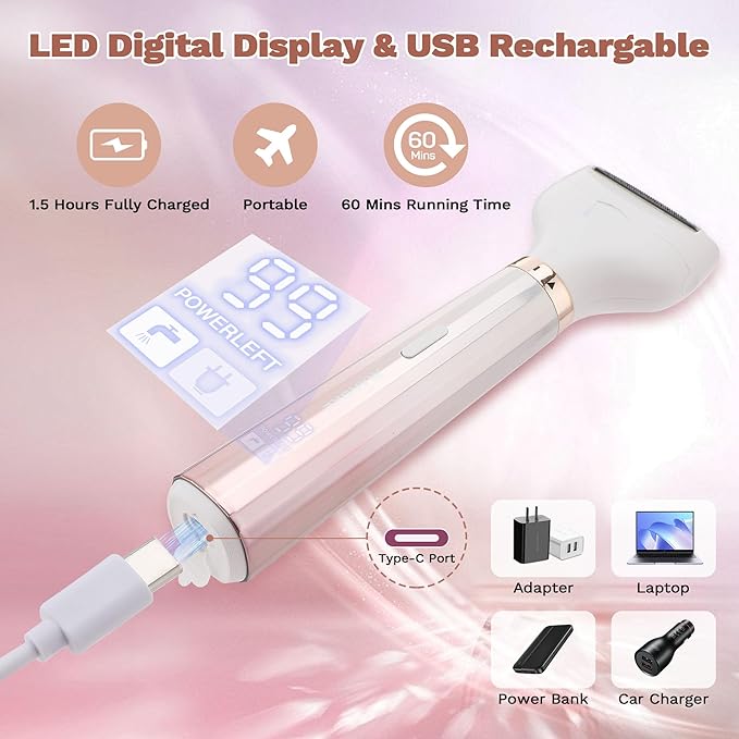 Electric Razors for Women 5 in 1 Bikini Trimmer for Women Wet/Dry Electric Shaver Painless Womens Razor Shavers Facial Hair Removal for Face Nose Eyebrow Arms Armpit Legs Pubic Area