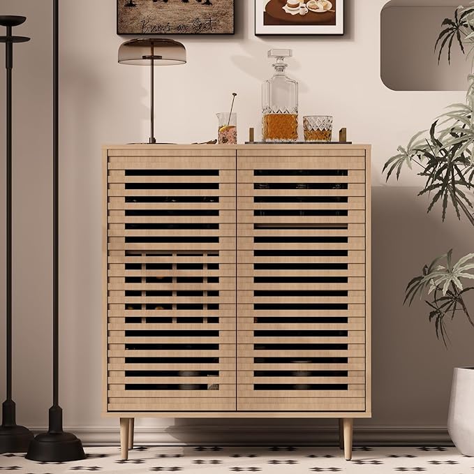 Mid Century Bar Cabinet with Wine Racks Modern Liquor Cabinet with Slatted Doors for Dining Room Living Room (Natural Color)