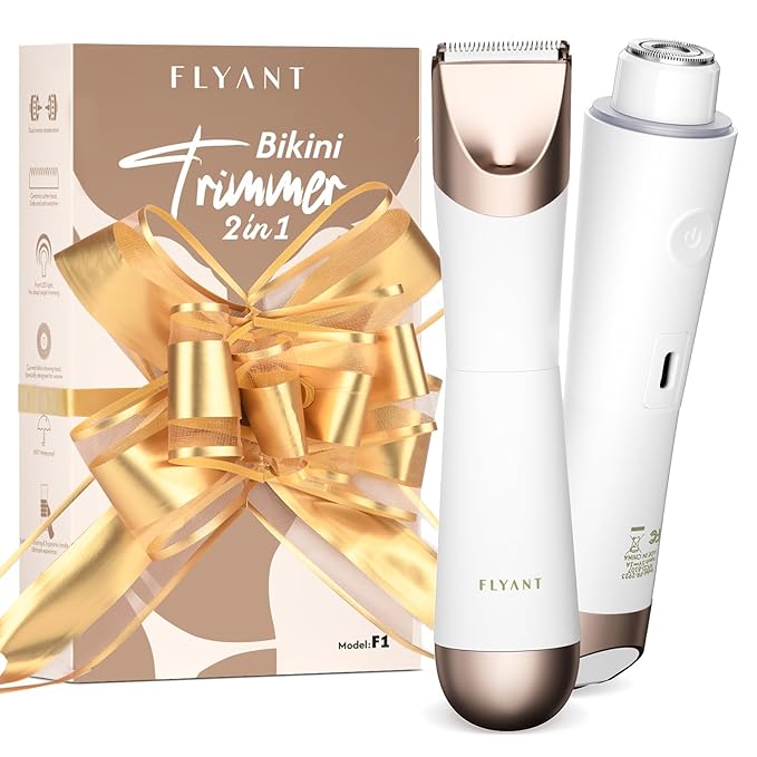 Bikini Trimmer for Women 2 in 1 Electric Shaver for Women Pubic Hair Trimmer Waterproof IPX7 with LED Bikini Razor for Leg Arm Underarm Bikini Area Pull Bows Gift Box for Friends (Shell White)