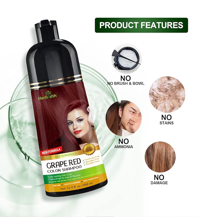 Herbishh Hair Color Shampoo (Grape Red) - Magic Hair Dye for Gray Hair - Ammonia-Free 3-in-1 Shampoo Conditioner - Lasts 2-3 Weeks 500 ml