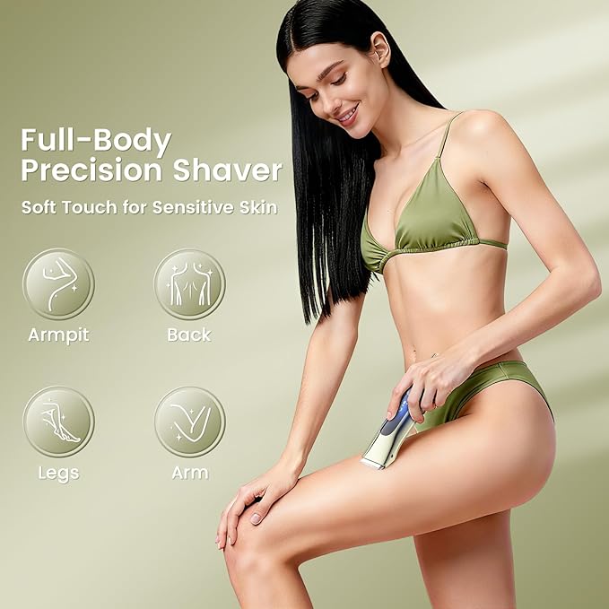 Bikini Trimmer for Women 2-in-1 Electric Razor with Dual Heads Ceramic Blade Waterproof &amp Rechargeable Painless Pubic Hair Shaver for Bikini Underarm Legs Face - MossGreen