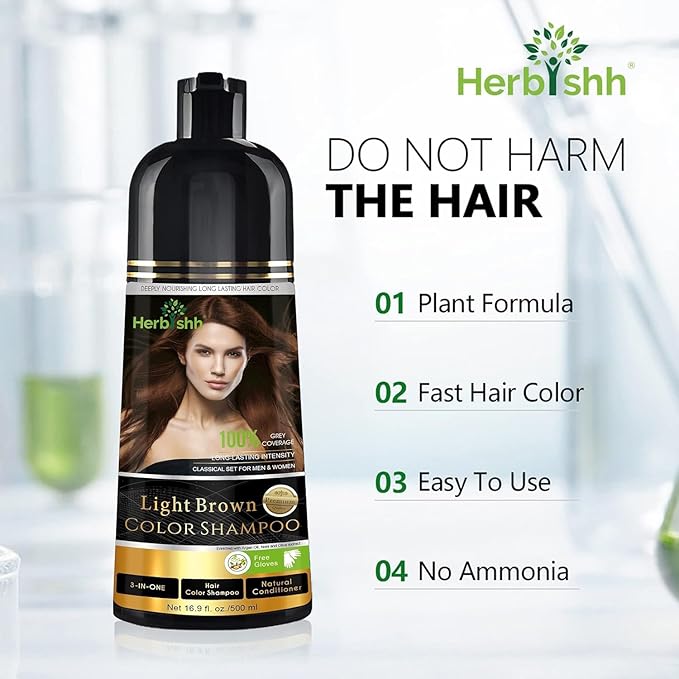 Herbishh Light Brown Hair Color Shampoo - 3-In-1 Magic Dye for Gray Hair 500 Ml + Argan Oil for Dull Dry Damaged Hair 30ML