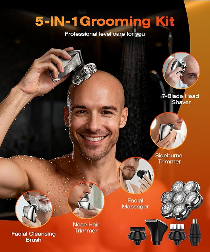 Head Shavers for Bald Men 7D Electric Razor for Men IPX7 Waterproof Dry/Wet Detachable Head Shaver LED Display Fast Charging 5-in-1 Pro Grooming Kit Travel-Friendly Ideal Gift Choice
