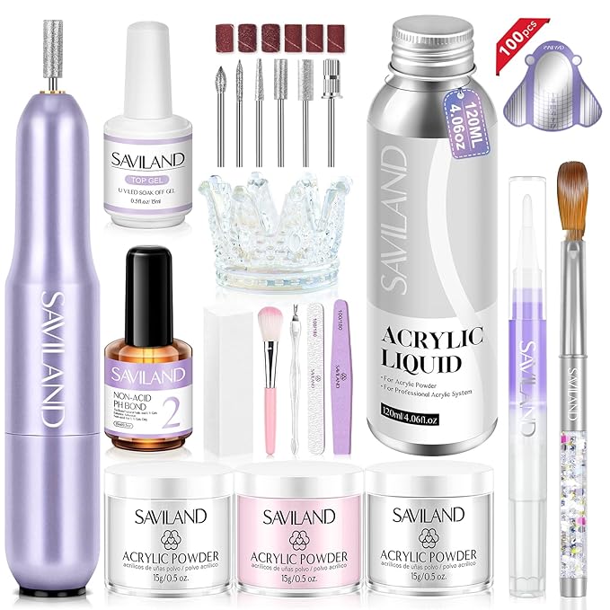 SAVILAND Acrylic Nail Kit with Drill: Professional Salon Nails Kit with Everything Acrylic Powder and Liquid Set Nail Brush Forms Top Gel &amp Manicure Tools Kit for DIY Extension Carving Home Use