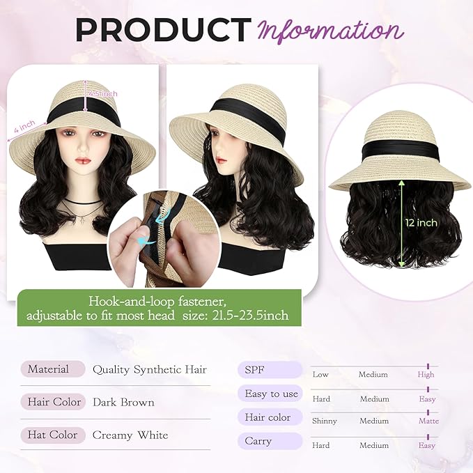 Sun Hat Straw Hat Wig Detachable Adjustable Cap with 12 Inch Synthetic Wavy Hair Extensions Foldable for Women Summer Beach Outdoors Dark Brown