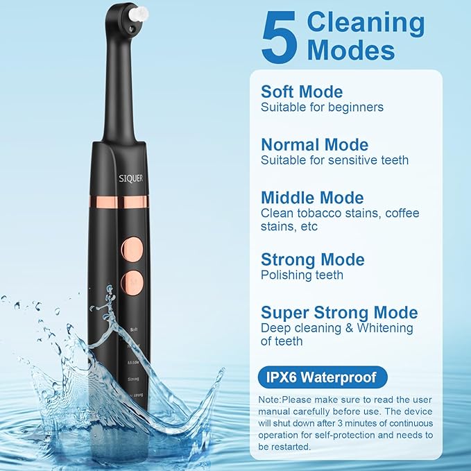 Tooth Polisher - SIQUER Plaque Remover for Teeth Whitening Dental Tools Electric Tartar Polishing Teeth Cleaning Kit with LED Light 5 Speed Modes with 5 Replacement Brush Heads (Black)