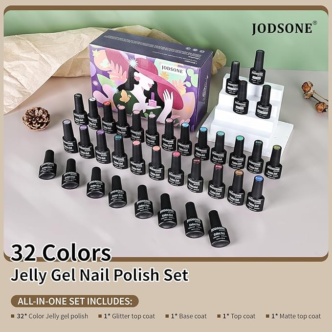 JODSONE Jelly Gel Nail Polish Kit 32 Classic Colors Crystal Transparent High Shine Base &amp Top Matte Glitter Coat