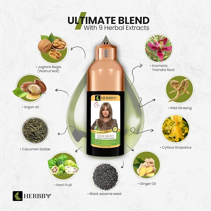 HERBBY Hair Color Shampoo for Gray Hair Coverage&ampColor Transform with 9 Herbal Extracts ?Long Lasting(6-8 Weeks)ShinyEvenly ColoredInstant Hair Dye Shampoo&ampConditioner 500 Ml (TIGER BROWN