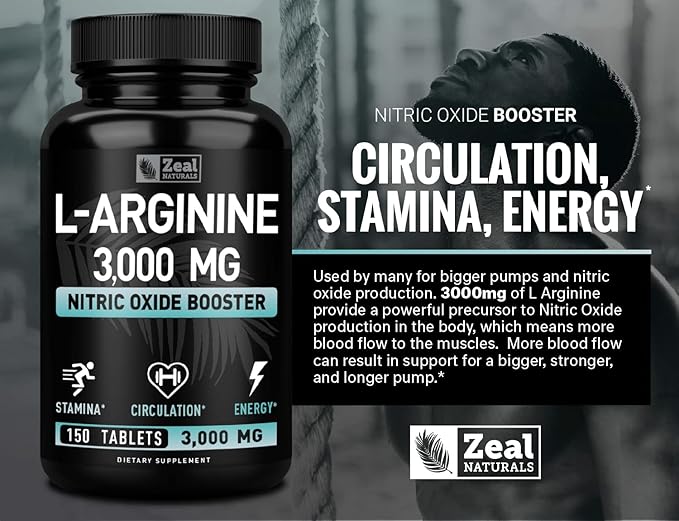Zeal Naturals L Arginine 3000mg Capsules (150 Tablets | 1000mg) Maximum Dose L-Arginine Nitric Oxide Supplement for Supporting Muscle Growth Vascular Function and Energy - Nitric Oxide Booster
