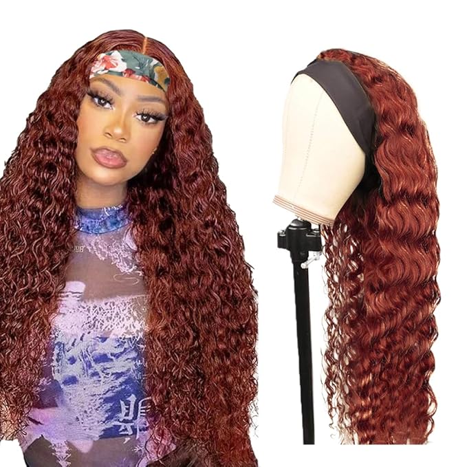 18 Inch #33 Auburn Brown Headband Wig Human Hair 150% Density Grade 8A Unprocessed Brazilian Virgin Hairs Machine Made Reddish Brown Water Wave Headband Wig Human Hair For Woman