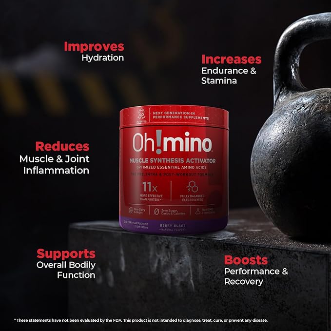 Oh!mino Essential Amino Acids Supplement Drink Powder Berry Blast Caffeinated Powder All 9 EAAs BCAAs and The Perfect Amino for Workouts Amino Energy and to Build Muscle and Recover Faster