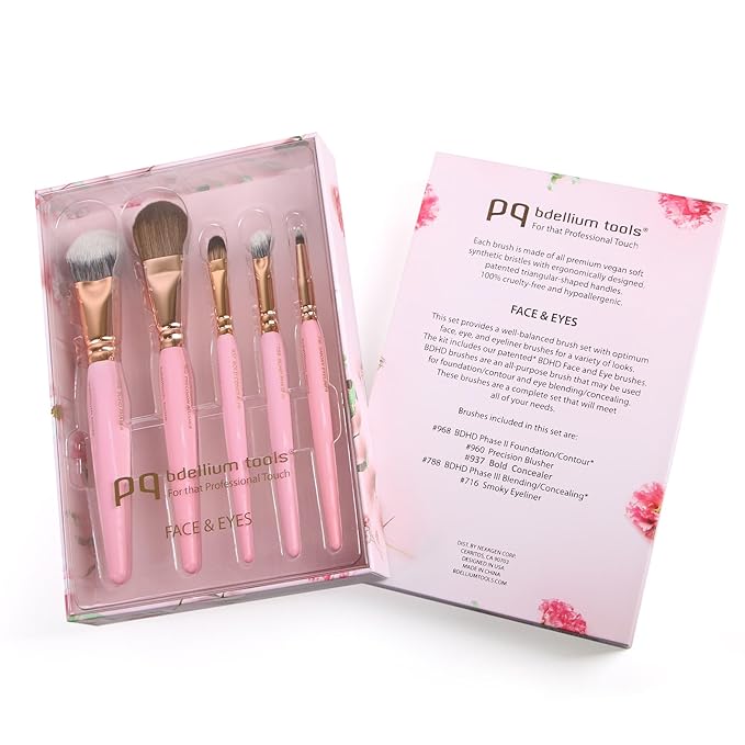 Bdellium Tools Pink Golden Triangle Face &amp Eyes Makeup Brush Set - Well-balanced Brush Set with Soft Synthetic Bristles and Rose Gold Brass Ferrule for a Variety of Looks (Pink 5 pcs)