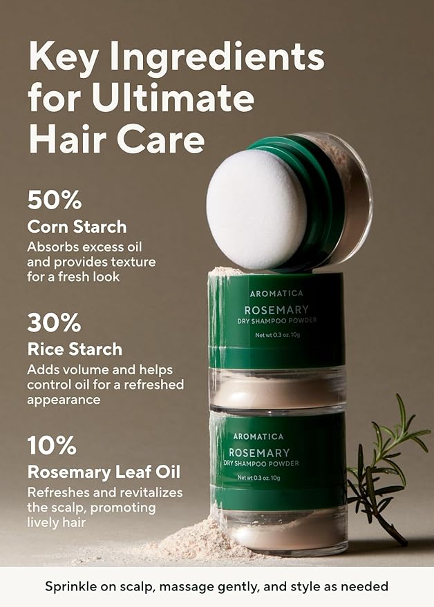 AROMATICA Rosemary Dry Shampoo Powder - Travel Size Dry Shampoo with Panthenol and Biotin for Hair | Volumizing Non Aerosol &amp Talc Free Korean hair care dry shampoo for women (10g/0.3oz)