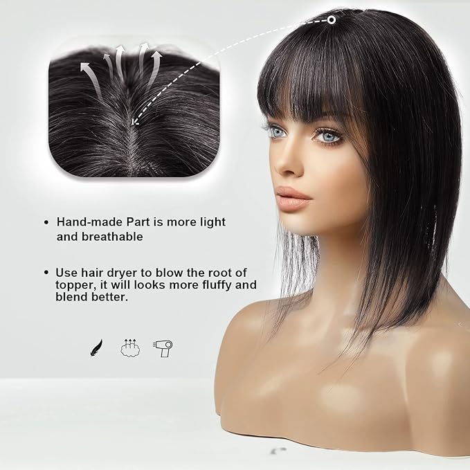 HAIRCUBE 100% Real Human Hair Toppers with Bangs 150% Density Silk Base Clip in Topper Top Hair Pieces for Women with Thinning Hair/Hair Loss Cover Gray Hair 10 Inch 1B# 35g