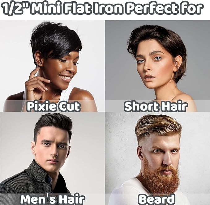 Mini Flat Iron for Short Hair 1/2 inch Ceramic Plates Small Flat Irons for Short Hair Fast Heating Anti-Frizz Temperature Adjustable Auto-Off Travel Size Mini Hair Straightener Black