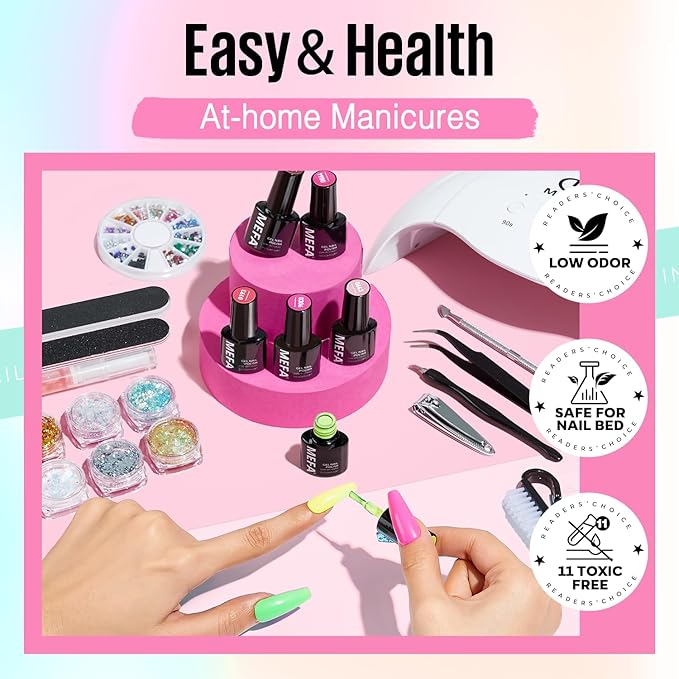 MEFA 56 Pcs Gel Nail Polish Kit with U V Light 32 Colors Bright Neon Spring Summer Fall Pink Gel Polish Nail Set Essential Manicure Tools Nails Decorations Gifts for Women